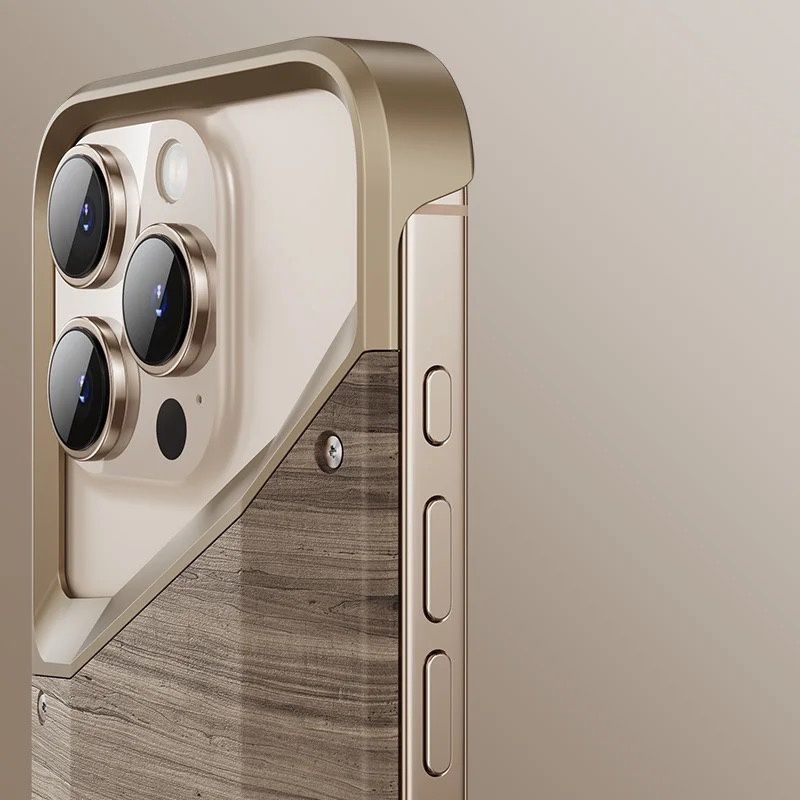 Hybrid Wooden Metal New Design Case For iPhone 16 Pro Max (Desert Titanium)