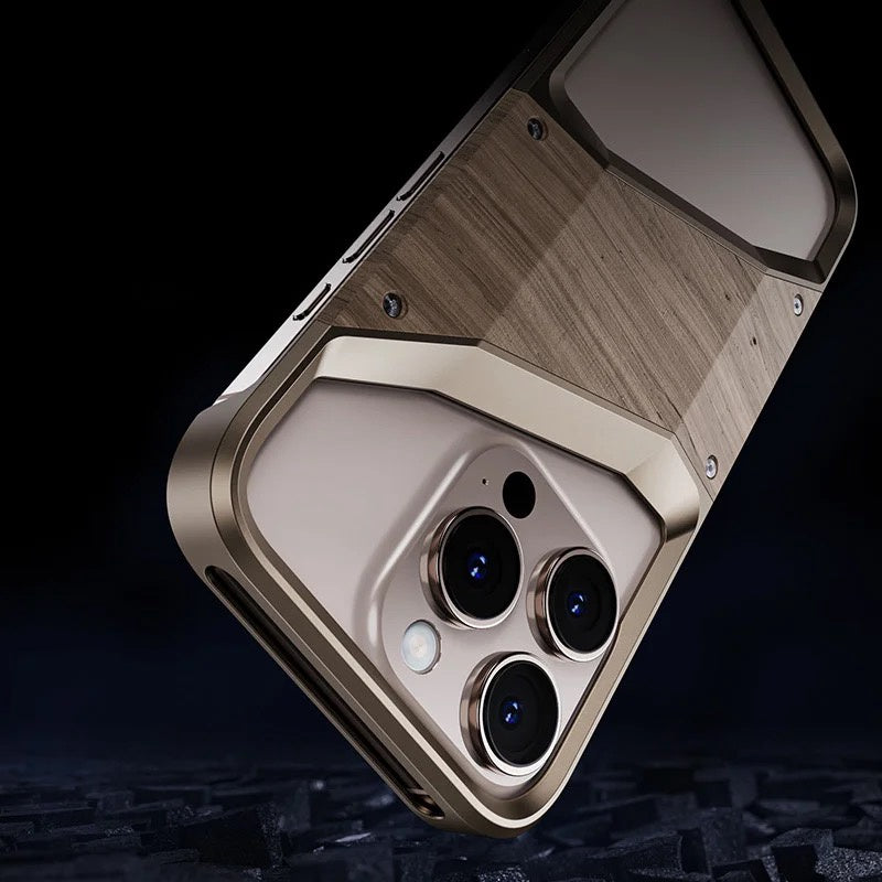 Hybrid Wooden Metal New Design Case For iPhone 16 Pro Max (Desert Titanium)