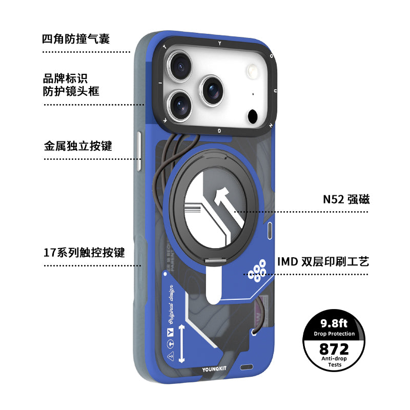YOUNGKIT Cyberpunk 360° Rotation Ring Stand Case for iPhone 17 Pro Max (BLUE)