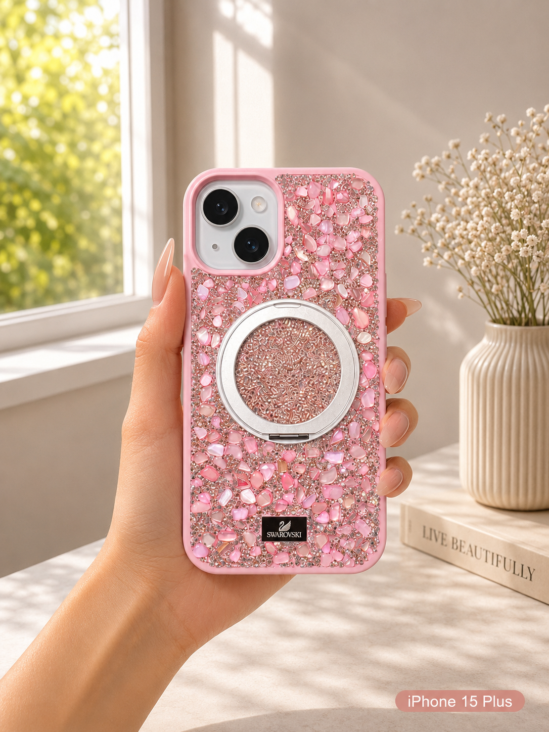 Swarovski Glitter Stone Design MagSafe Stand Case For iPhone 15 Plus(Pink)