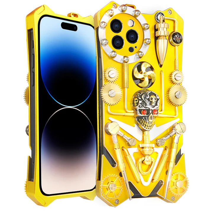SKULL Armor Metal Phone Cover , Mechanical Gear Handmade Skull Drop Proof Phone Case for iPhone 15 Pro SKULL Armor Metal Phone Cover , Mechanical Gear Handmade Skull Drop Proof Phone Case for iPhone 15 Pro