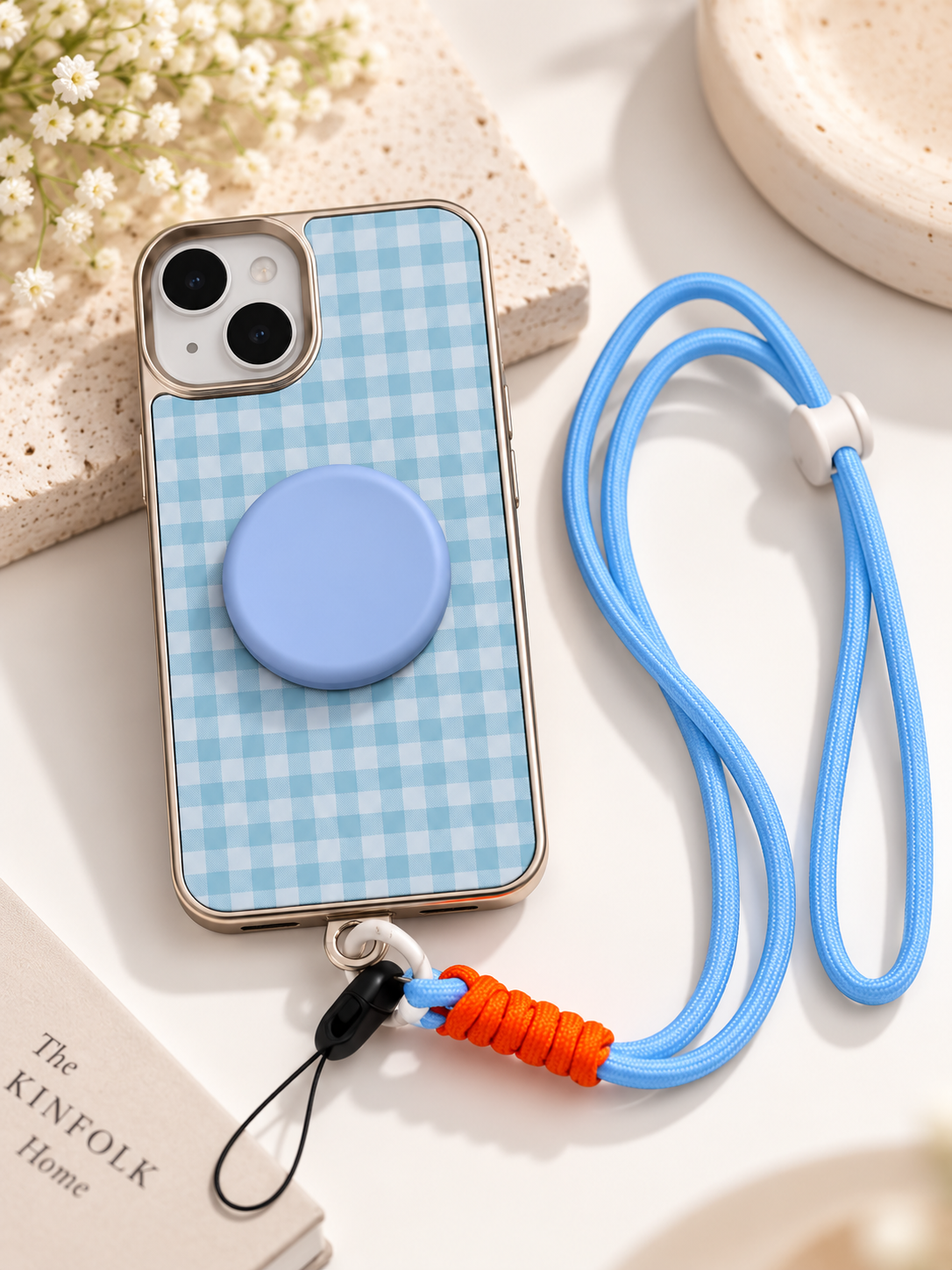 Designer Check Pattern Case With Pop Socket and Wrist Lanyard For iPhone 15 (Light Blue) (Code:2159)