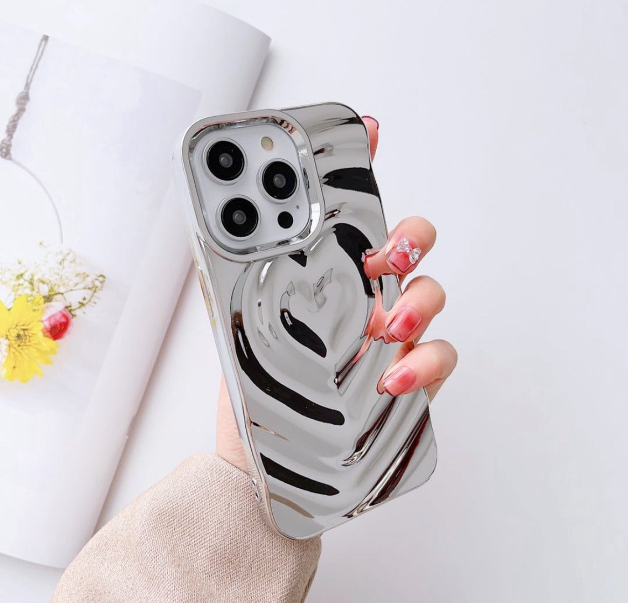 3D Silver Heart Designer Silicon Case for iPhone 15 (Silver)