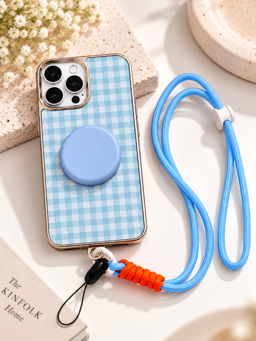 Designer Check Pattern Case With Pop Socket and Wrist Lanyard For iPhone 16 Pro (Light Blue) (Code:1585)