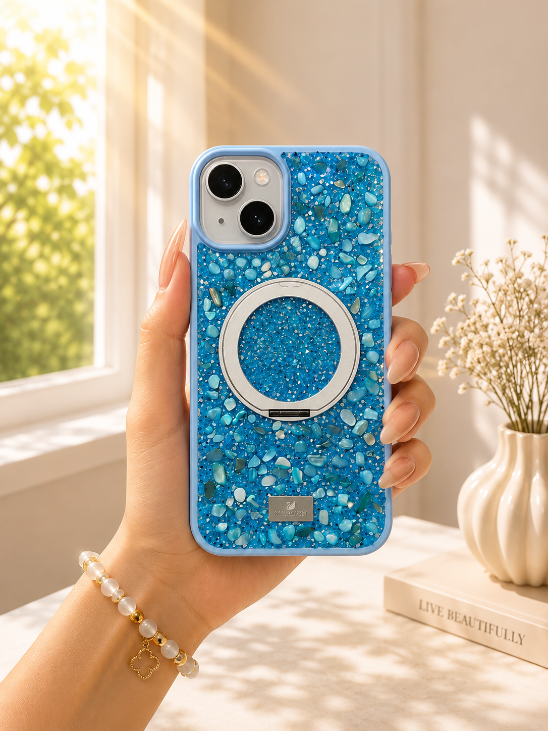 Swarovski Glitter Stone Design MagSafe Stand Case For iPhone 15 Plus (Blue)