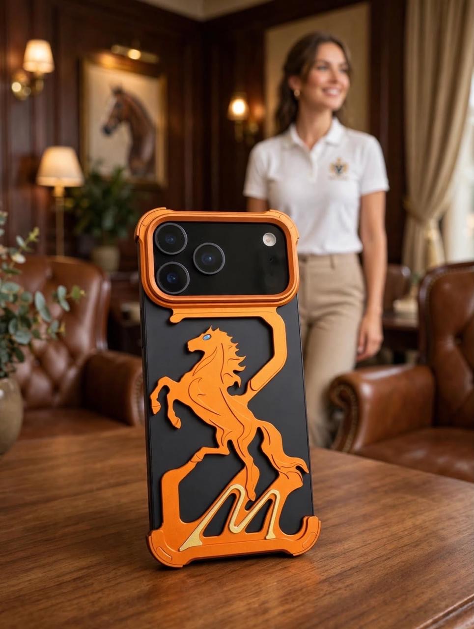 Metallic Horse Designer Case For iPhone 17 Pro Max / 18 Pro Max (Orange) (Code:5061)