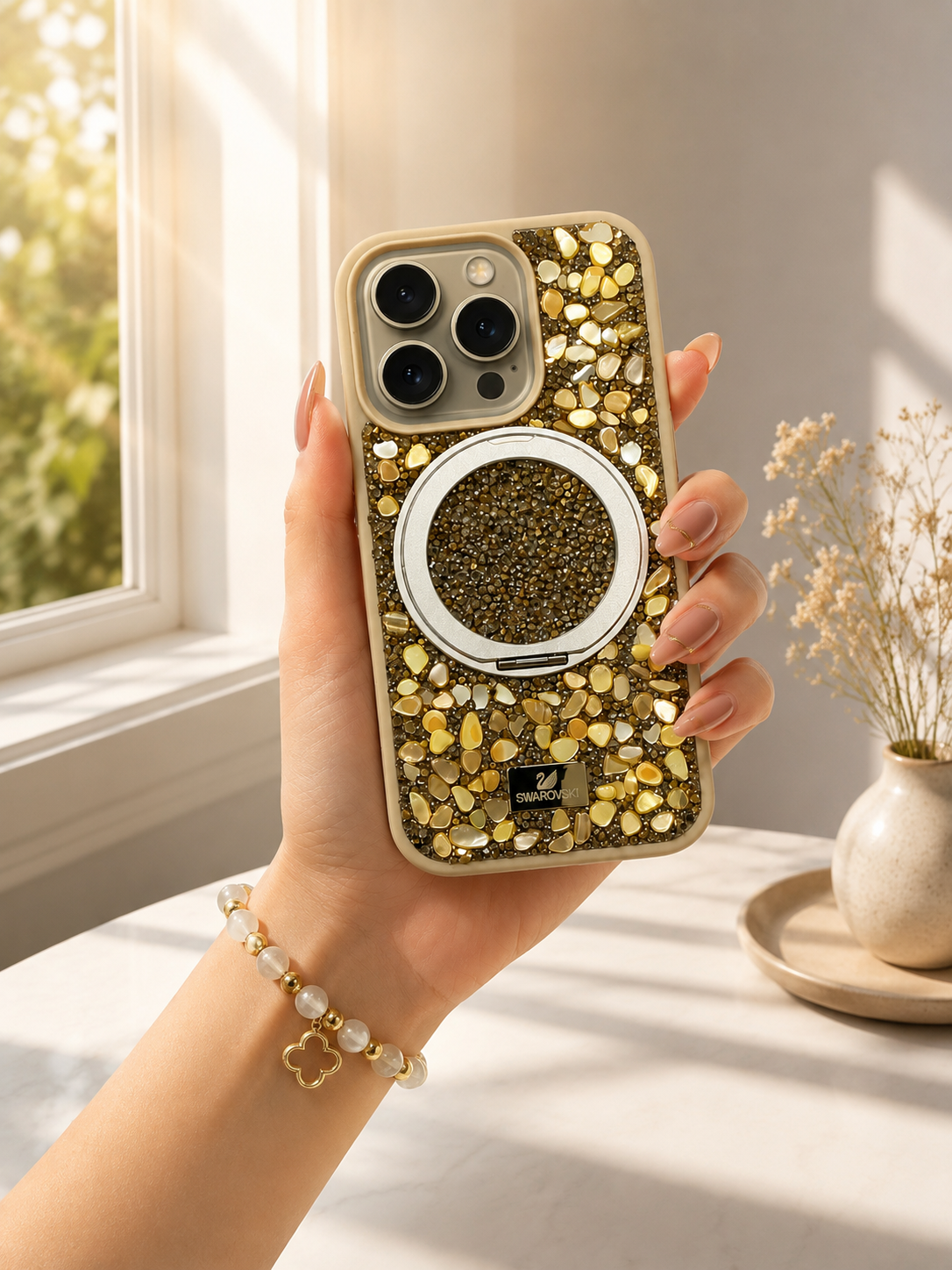 Swarovski Glitter Stone Design MagSafe Stand Case For iPhone 15 Pro Max (Yellow)