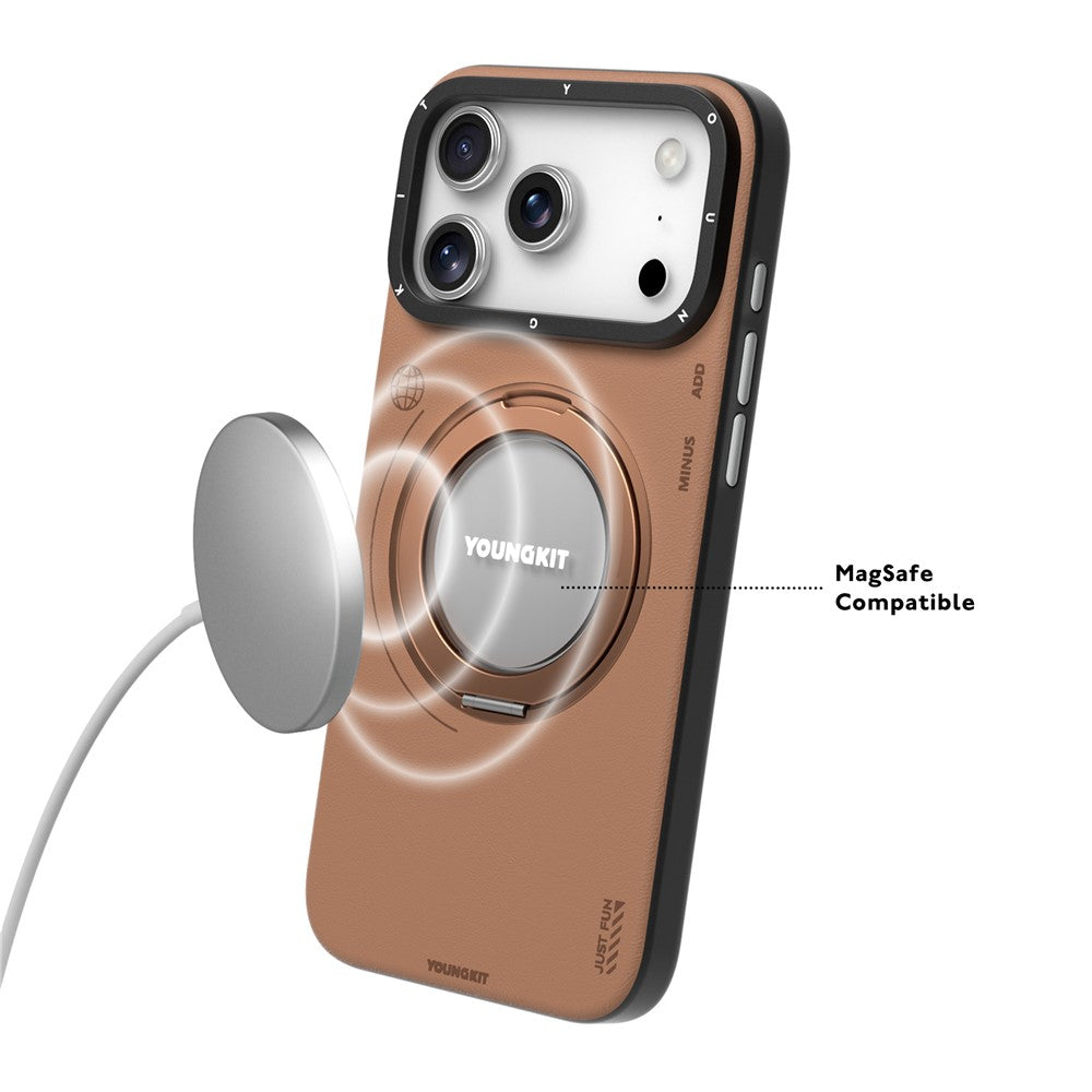 YOUNGKIT Rotating Magsafe Stand Shockproof TPU + PU Leather Phone Back Cover for iPhone 17 Pro - TAN BROWN