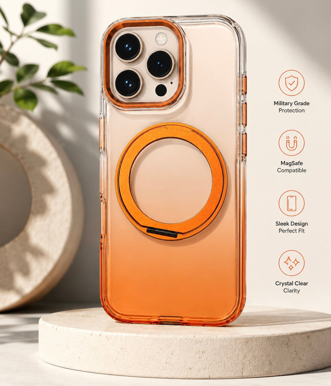 Transparent MagSafe Stand Double Colour Case For iPhone16 Pro(Orange)
