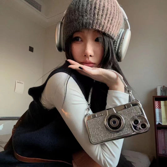 Rhinestones Glitter Retro Camera Style with Sling Girlish Case for iPhone 14 Pro Max