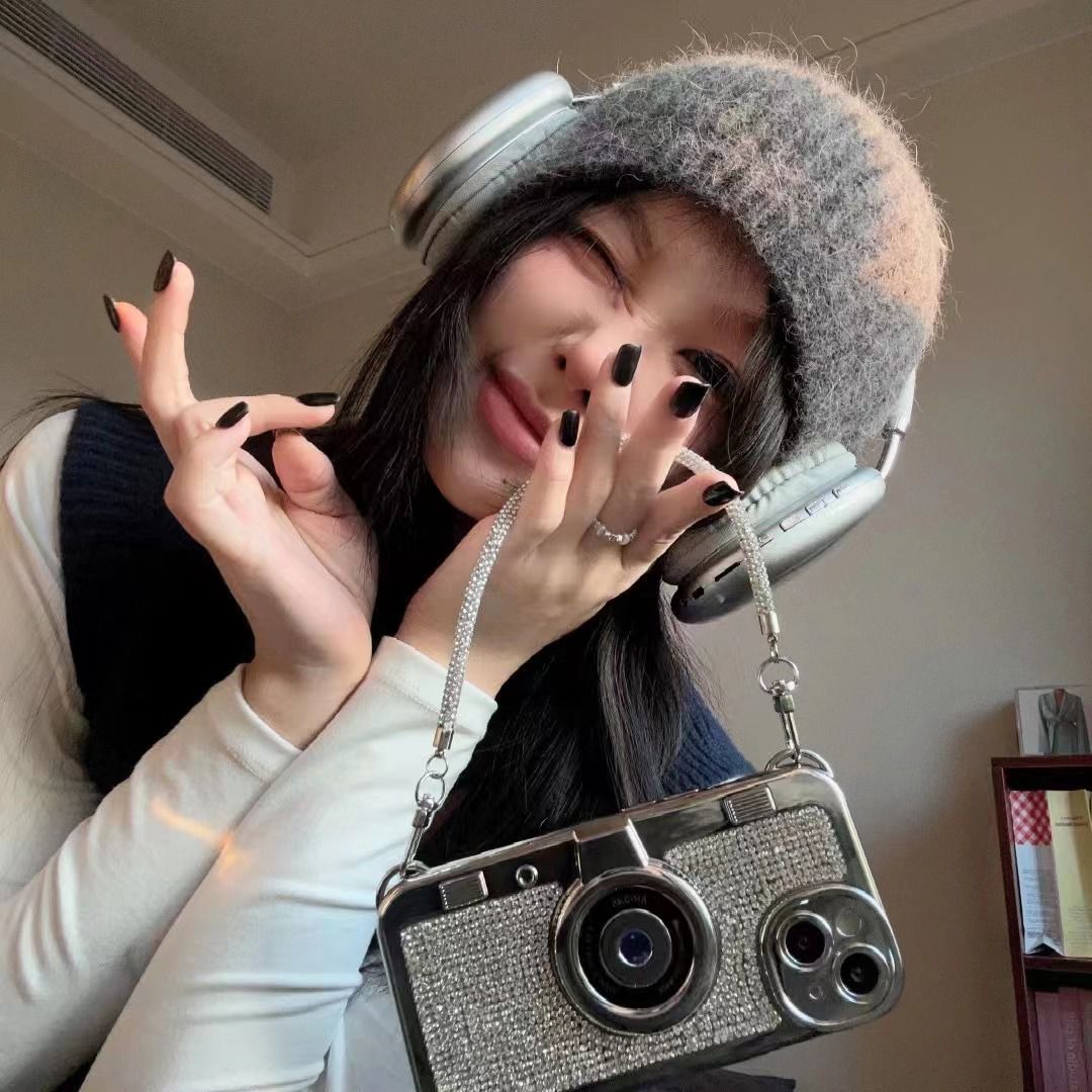 Rhinestones Glitter Retro Camera Style with Sling Girlish Case for iPhone 14 Pro Max