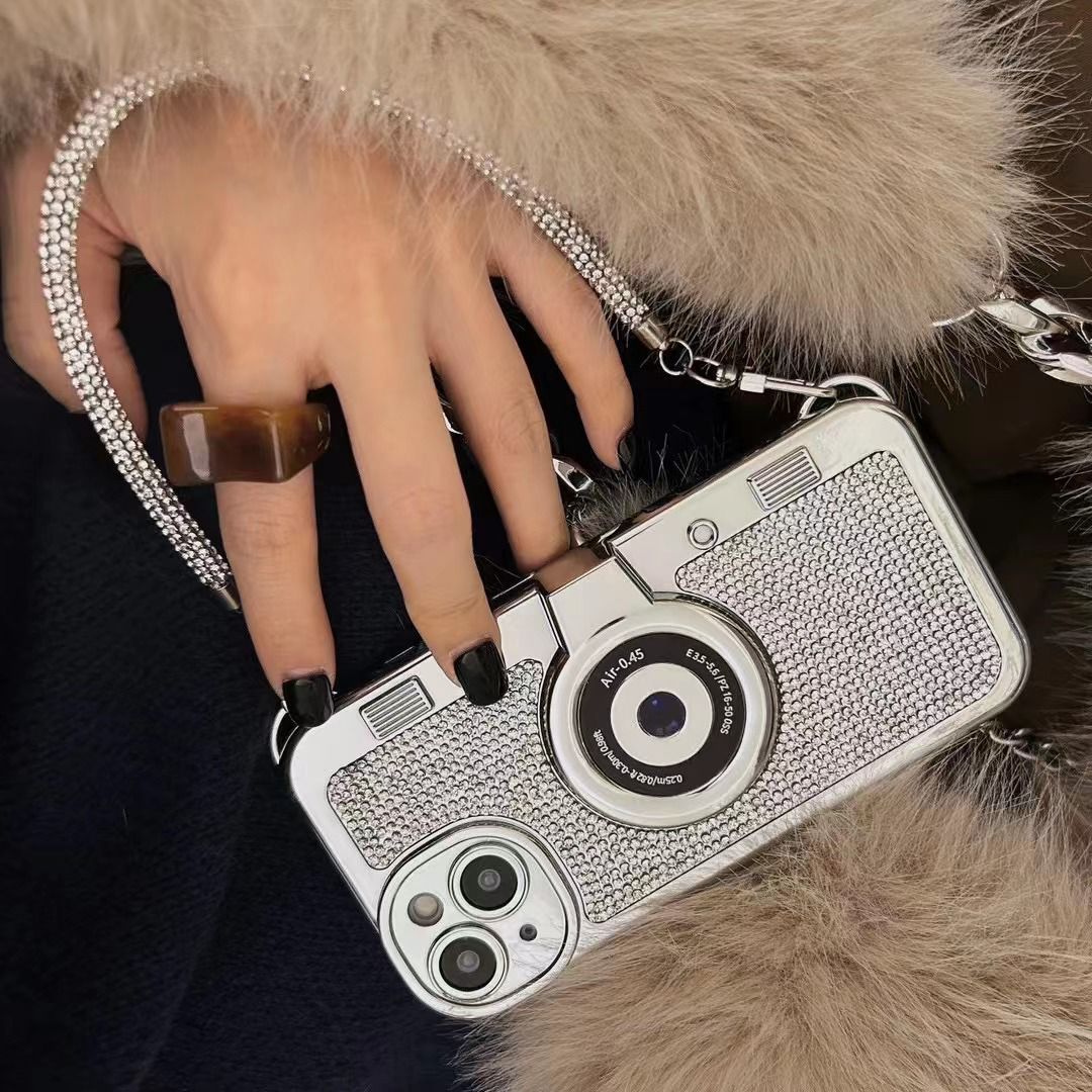 Rhinestones Glitter Retro Camera Style with Sling Girlish Case for iPhone 14 Pro Max