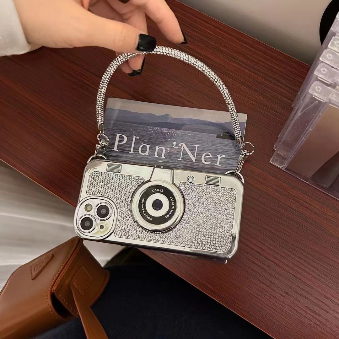 Rhinestones Glitter Retro Camera Style with Sling Girlish Case for iPhone 15