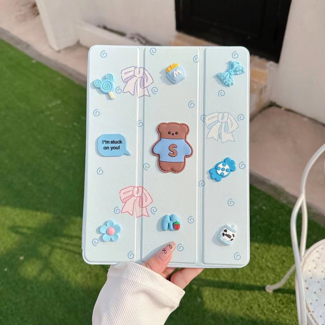 3D Teddy Bear Designer PU Leather Finish Black Foldable Flip Case for iPad 10.2