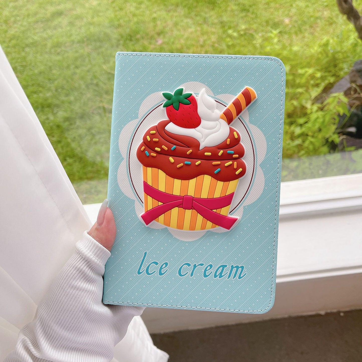 3D Ice Cream Designer PU Leather Finish Black Foldable Flip Case for iPad 10.2