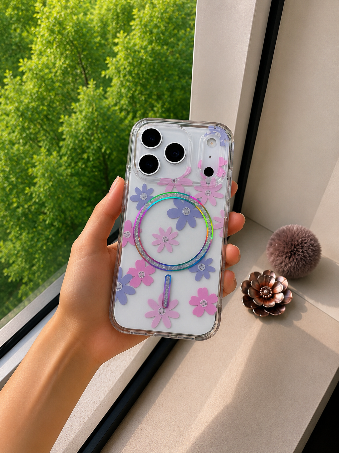Floral Transparent Designer MagSafe Case For iPhone17 Pro Max(Pink)