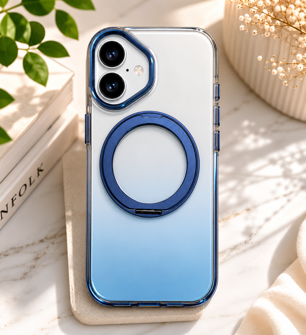 Transparent MagSafe Stand Double Colour Case For iPhone16(Blue)
