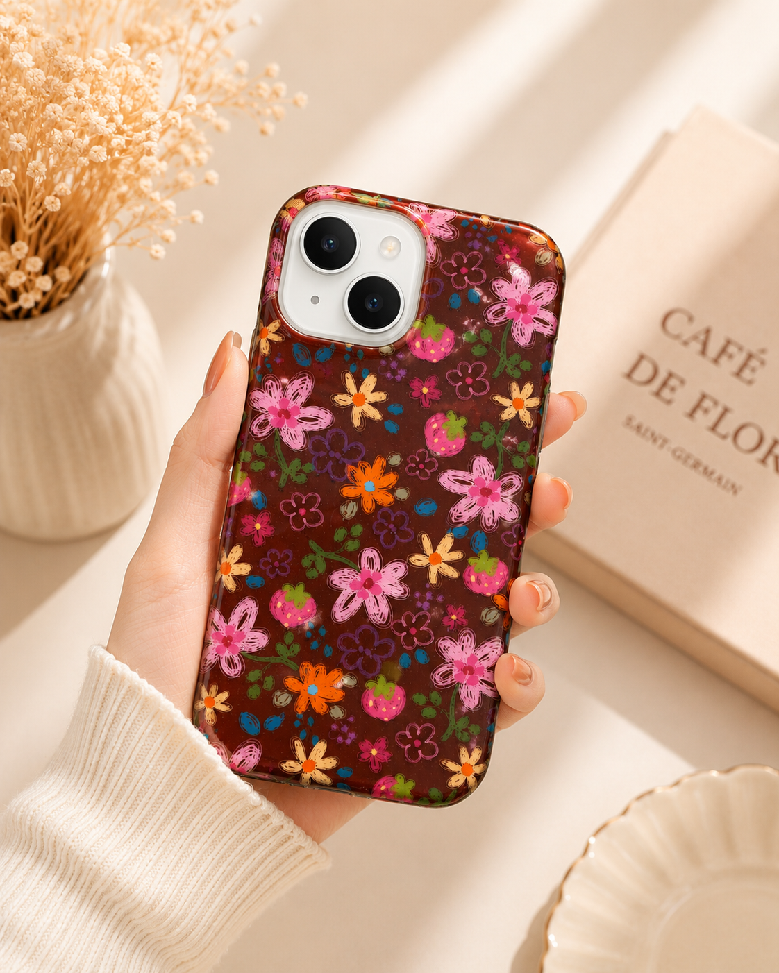 Cartoon Designer Matte Finish Case for iPhone 15(Floral Brown)