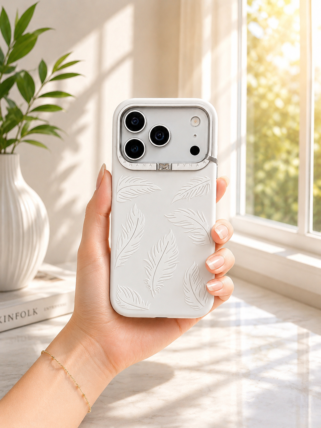 Pynana Feather Design Silicon Case For iPhone 17 pro(White)