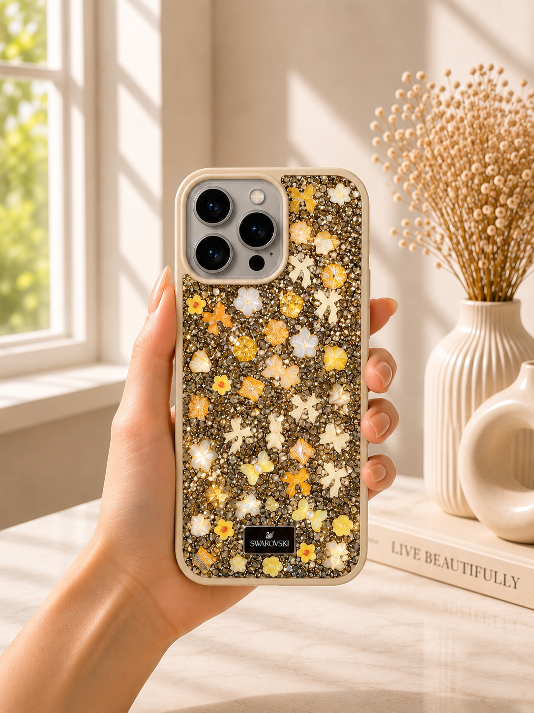 Swarovski Glitter Rhinestone Designer Case For iPhone 15 Pro(Golden)