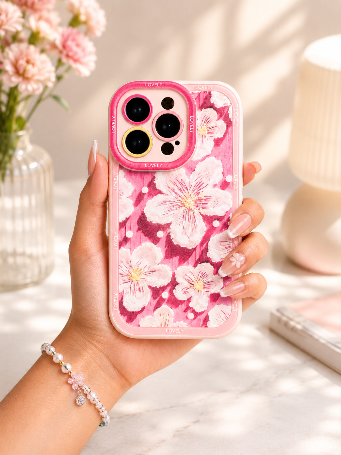 Silicon Charm Case For iPhone 15 Pro Max (White Flower)