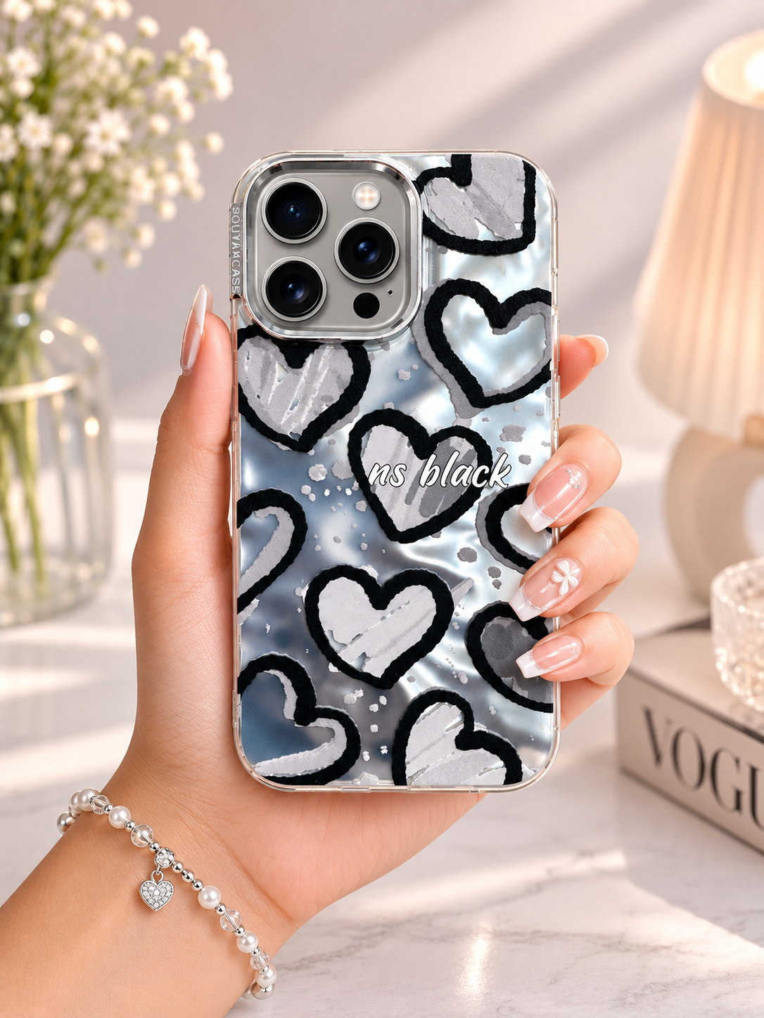 Silver Chrome Foil Shine Case For iPhone 15 Pro (Black Heart)