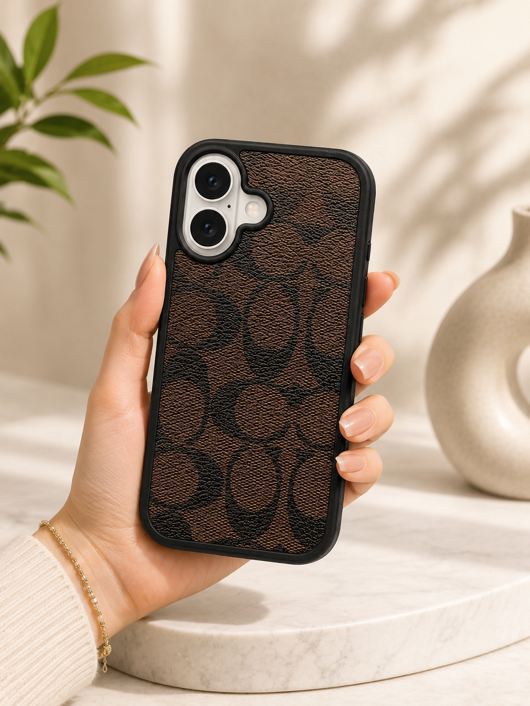 CCH Luxury Branded PU Leather Case for iPhone 17 (DARK BROWN)