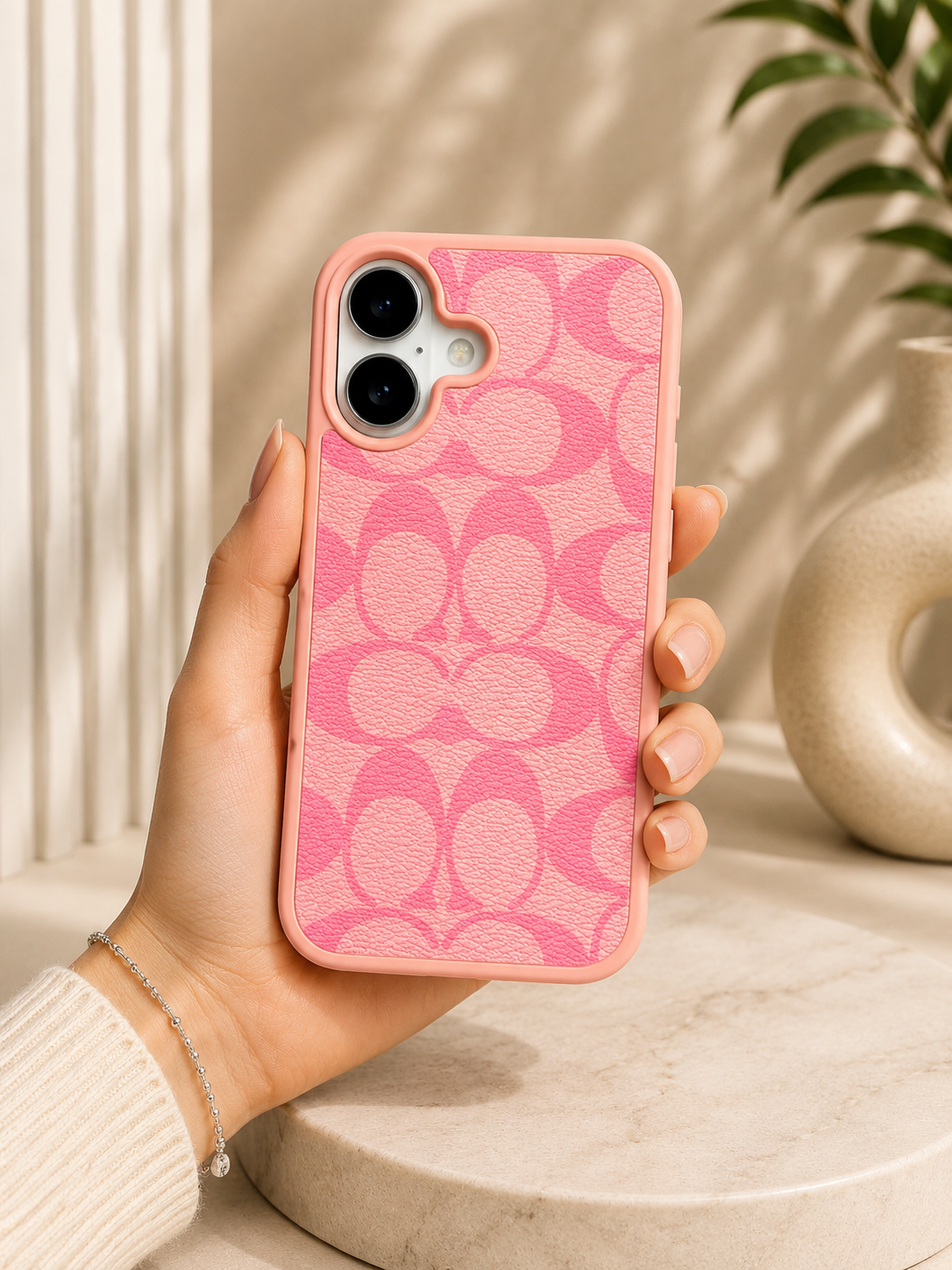 CCH Luxury Branded PU Leather Case for iPhone 16 (Pink)