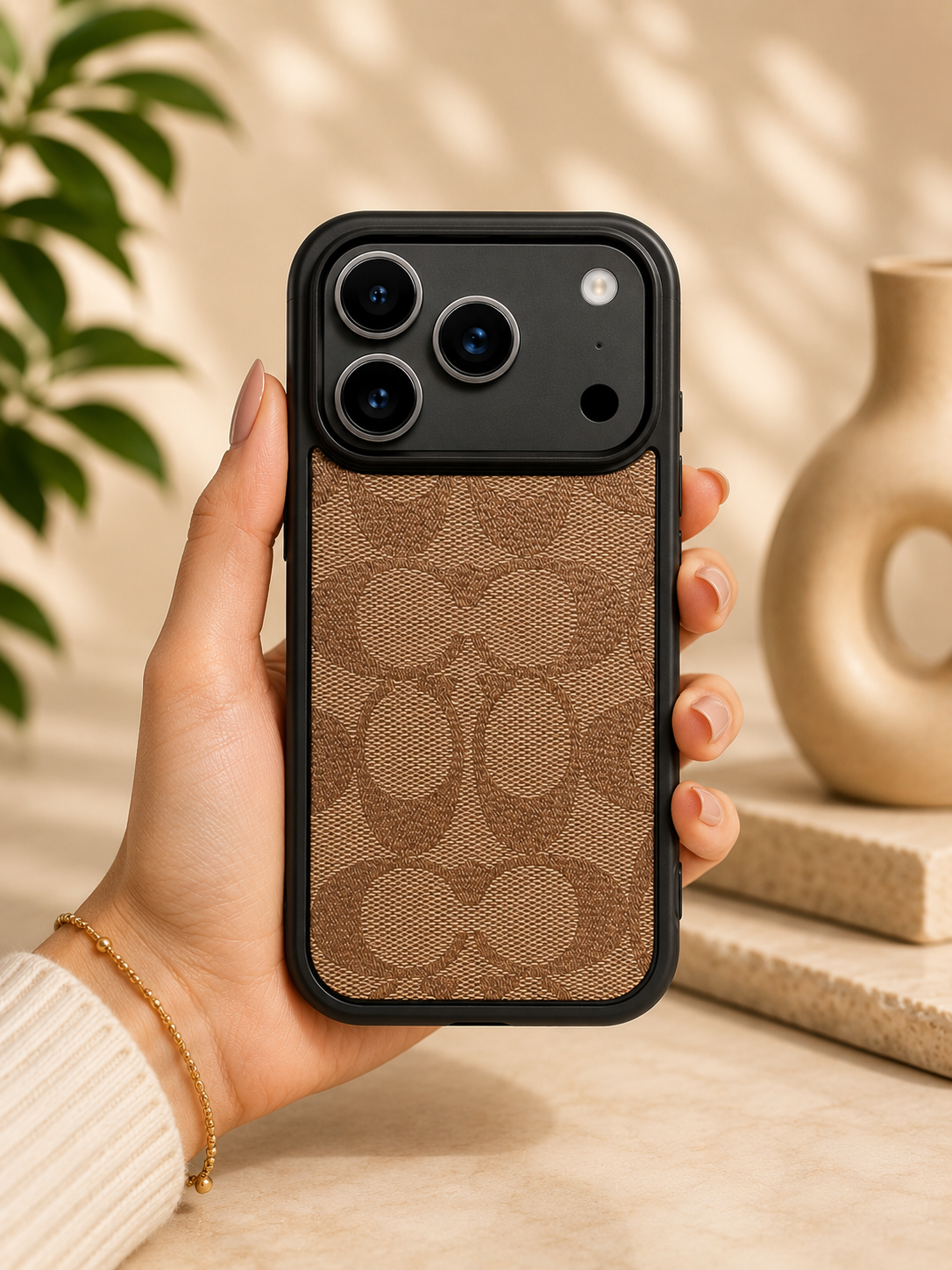CCH Luxury Branded PU Leather Case for iPhone 17 Pro (Light Brown)