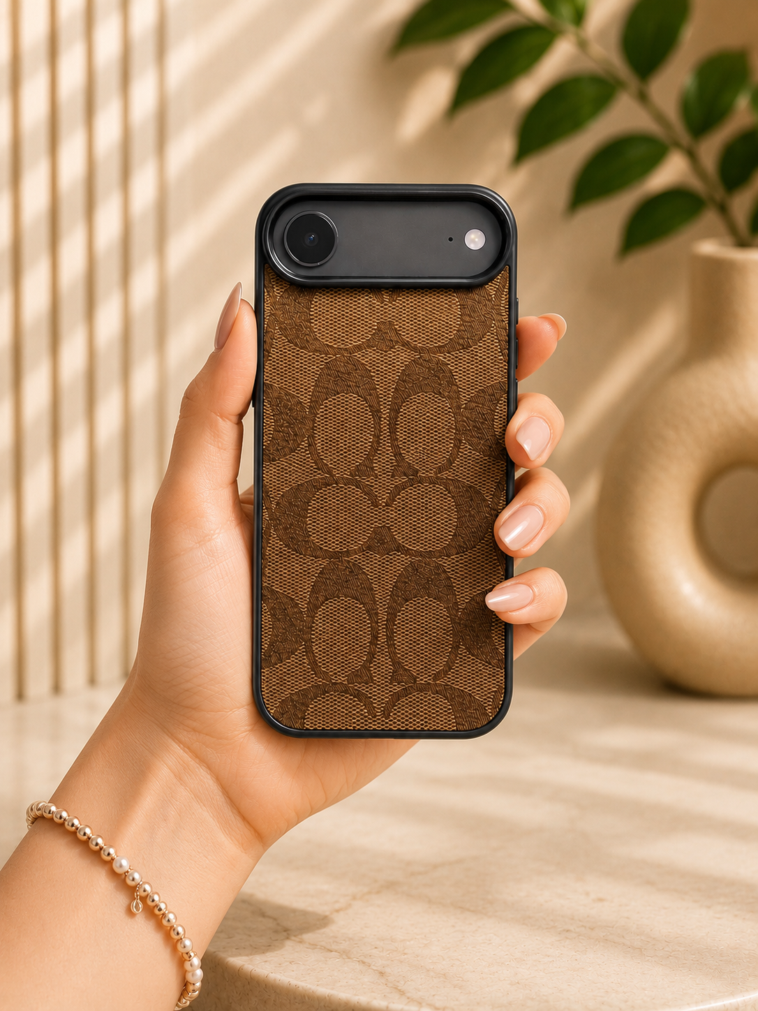 CCH Luxury Branded PU Leather Case for iPhone 17 Air (Light Brown)