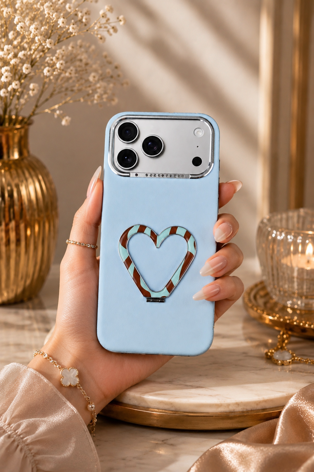 PU Leather Heart Design Stand Case For iPhone 17 Pro Max / 18 Pro Max (Light Blue)