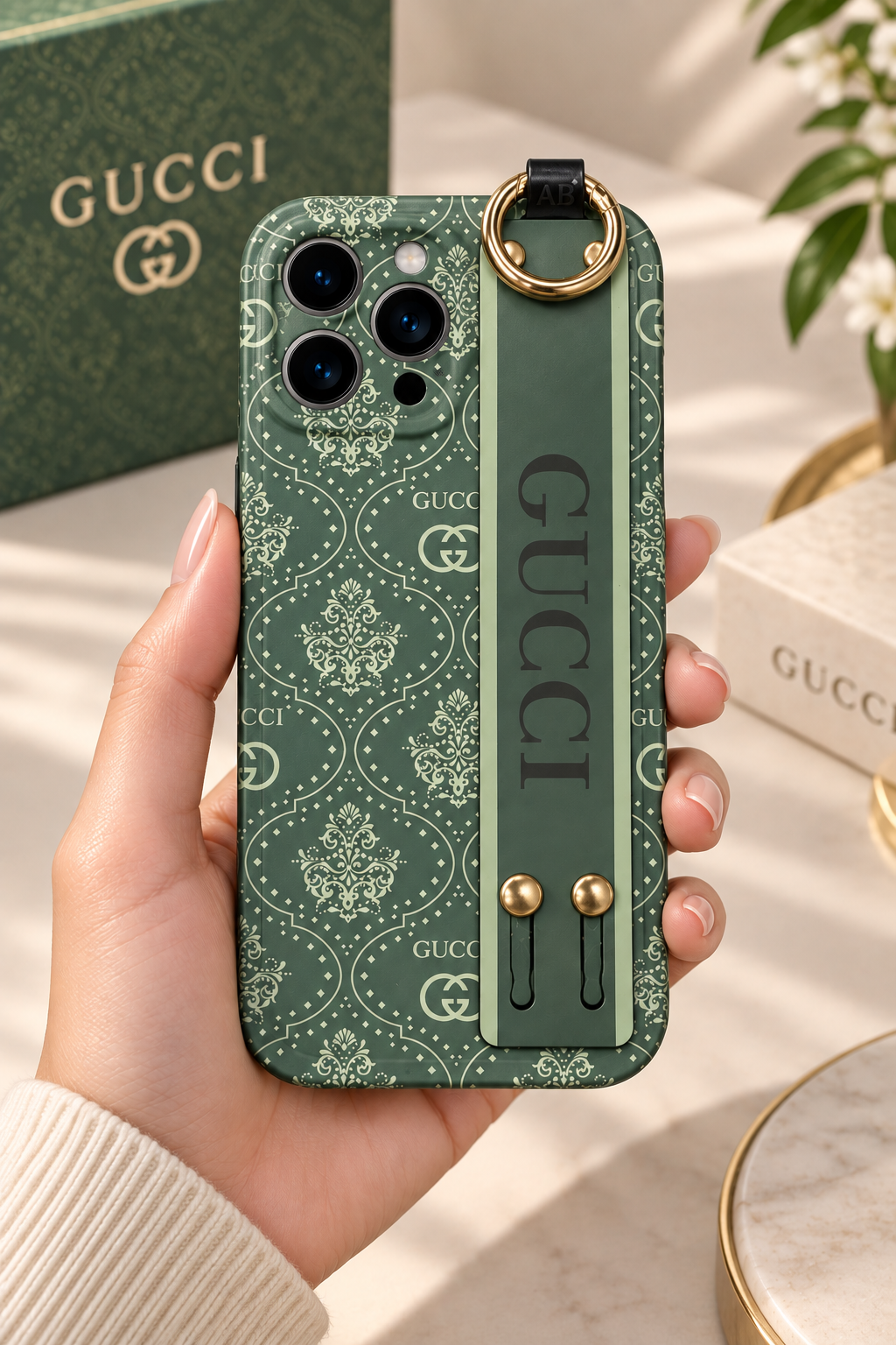 Luxury Gucci Designer Strap Case For iPhone 14 Pro Max (Green)