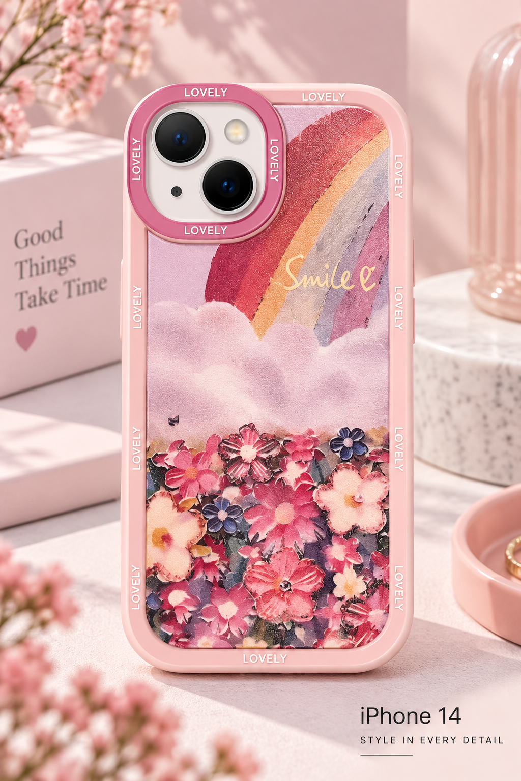 Silicon Charm Case For iPhone 14 (Smiley Rainbow)