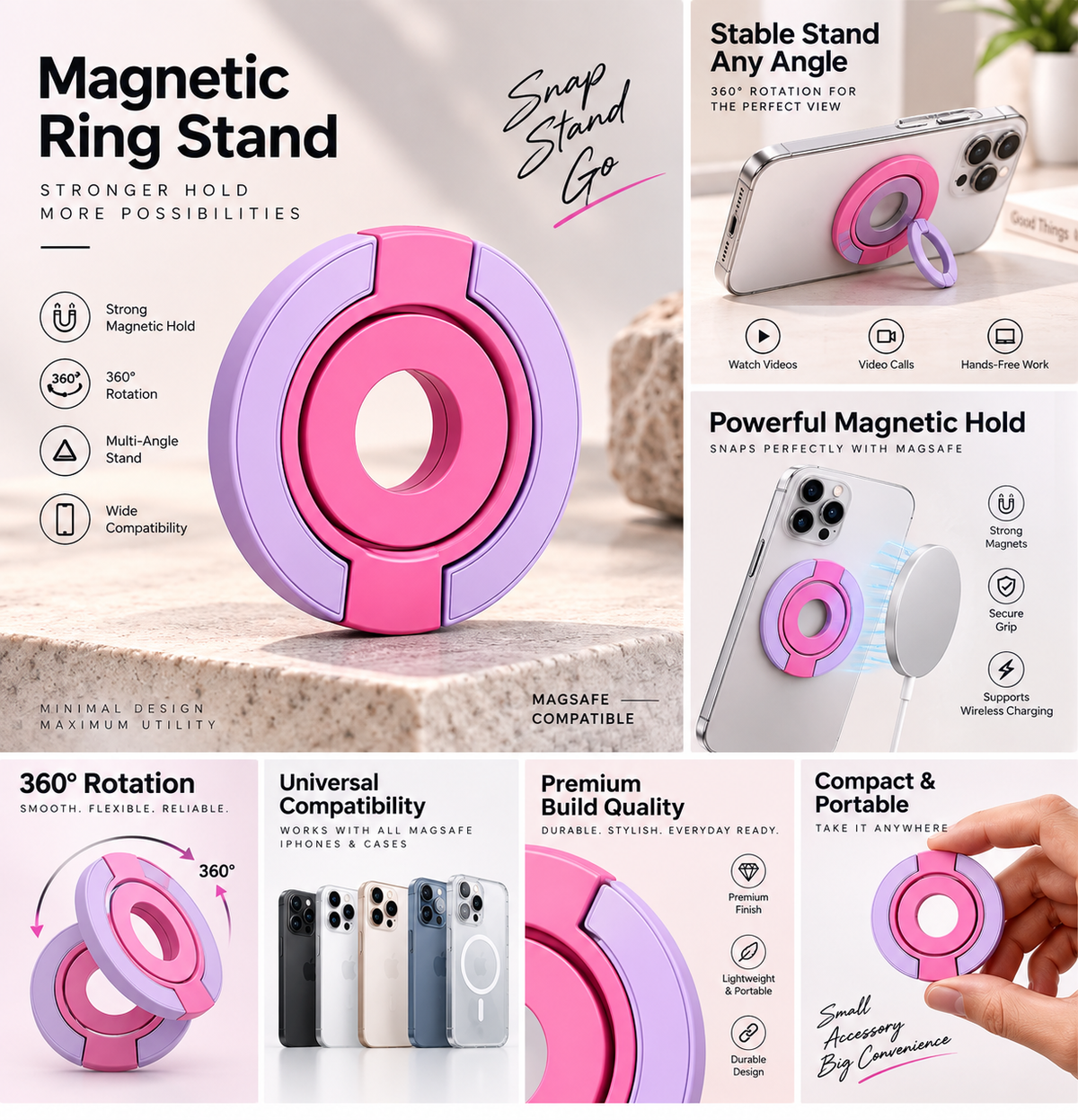 Multipurpose Magnetic MagSafe Ring Stand (Pink/Purple)