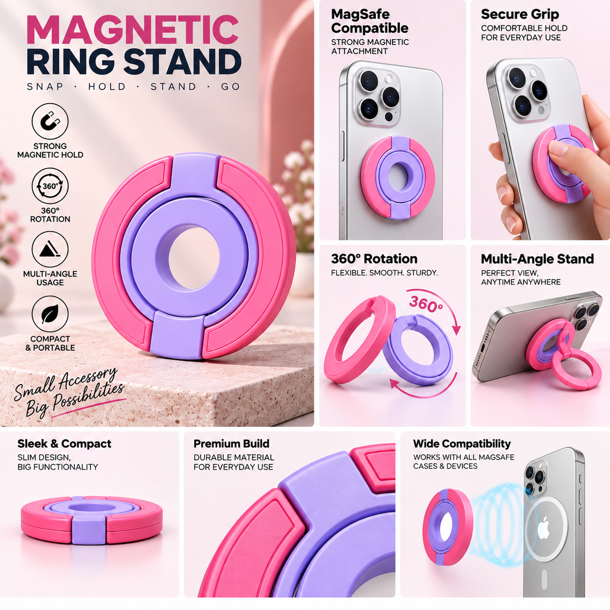 Multipurpose Magnetic MagSafe Ring Stand (Purple/Pink)