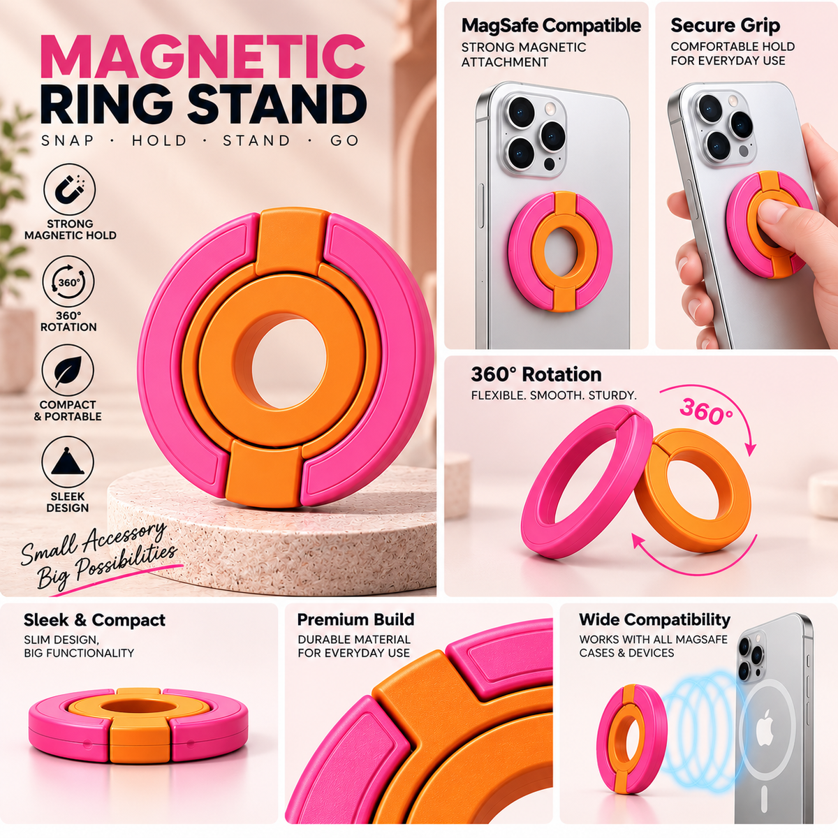 Multipurpose Magnetic MagSafe Ring Stand (Orange/Pink)