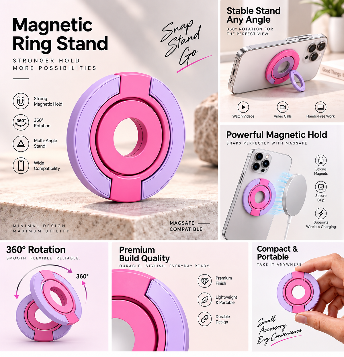 Multipurpose Magnetic MagSafe Ring Stand (Pink/Purple) (Code:4772)