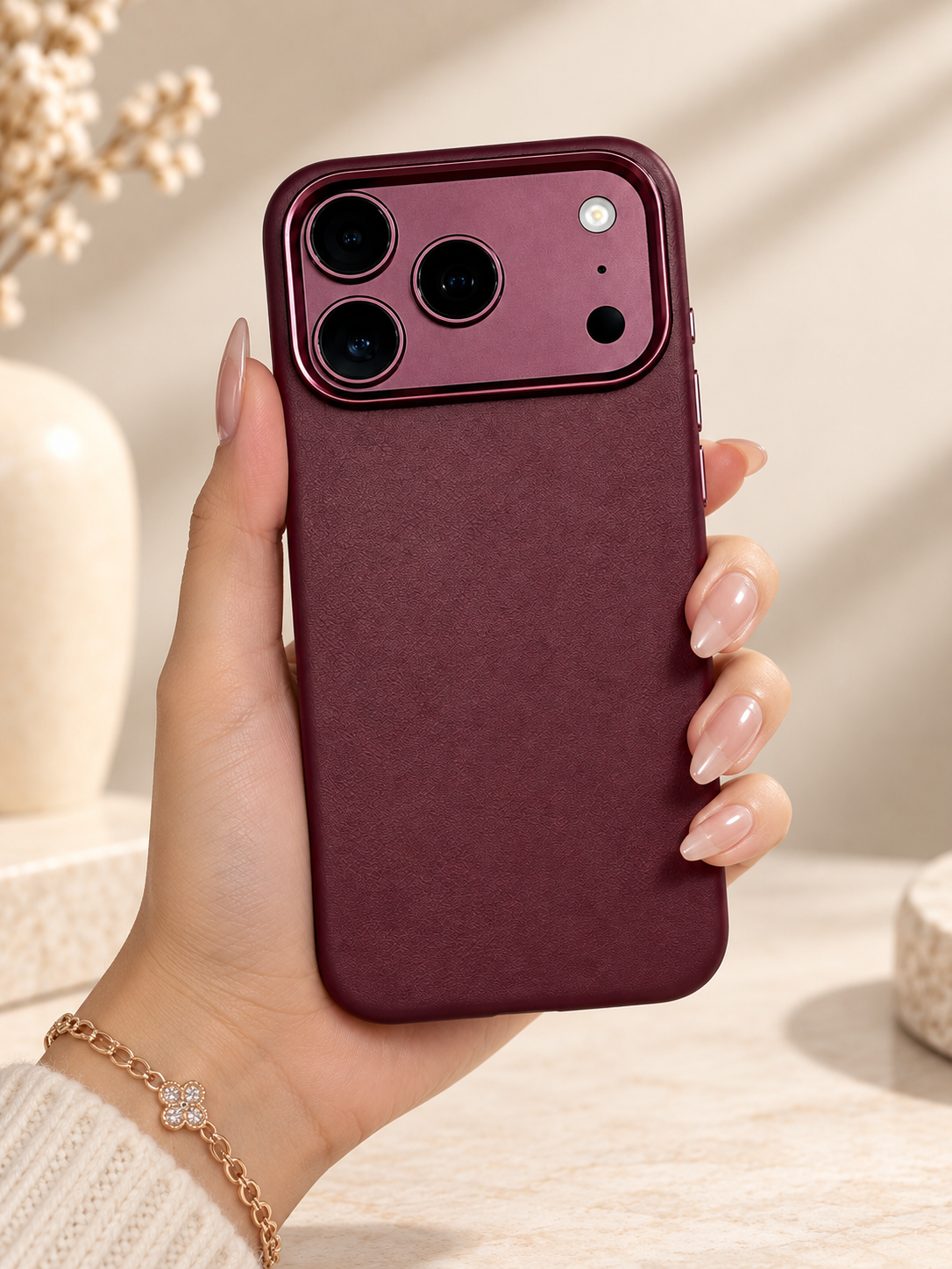 Plain PU Leather Case For iPhone 17 Pro Max / 18 Pro Max (Burgundy) (Code:5049)