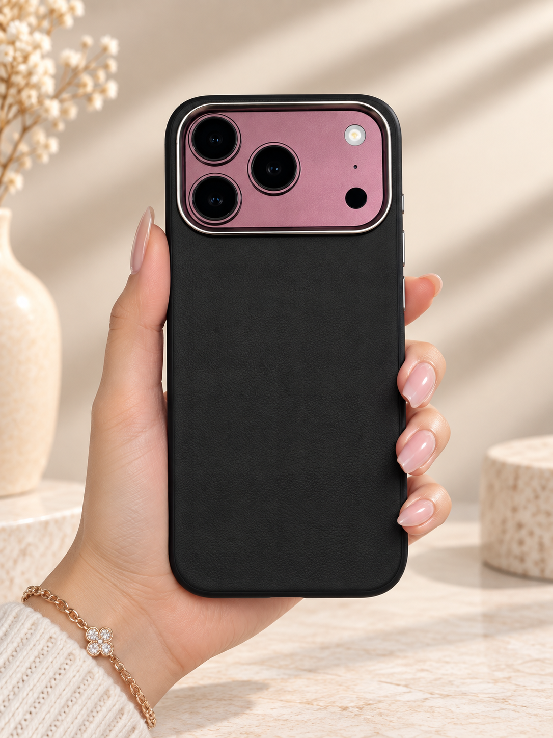 Plain PU Leather Case For iPhone 17 Pro Max / 18 Pro Max (Black) (Code:5050)