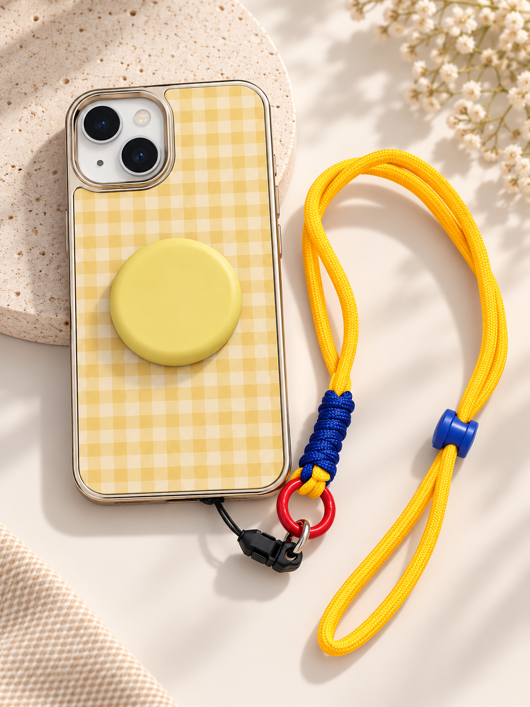 Designer Check Pattern Case With Pop Socket and Wrist Lanyard For iPhone 15 (Light Yellow) (Code:2158)
