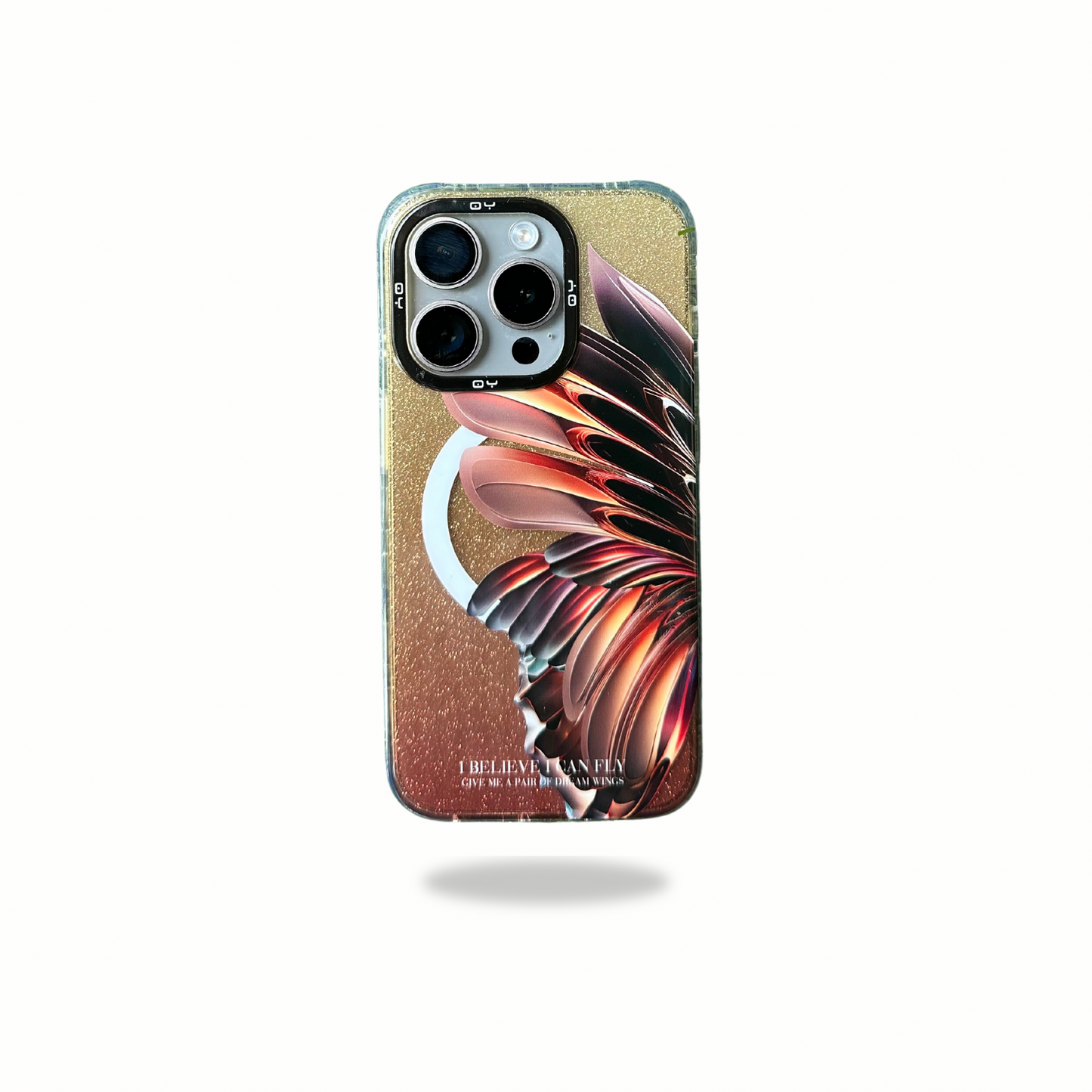 QY Feather Pattern Designer Silicon Magsafe Compatible Case for iPhone 15 Pro Max (Golden)