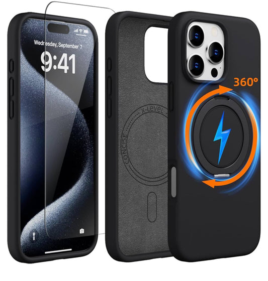 X Level 360 Rotatable Magsafe Kickstand Fluid Silicon Case for iPhone 16 Pro (Black)