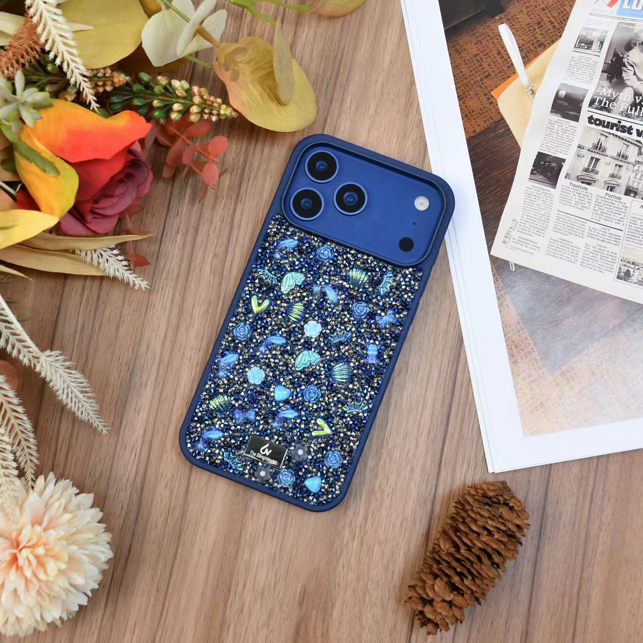 Floral Swarovski Bling World Glitter Case for iPhone 17 Pro (Blue)