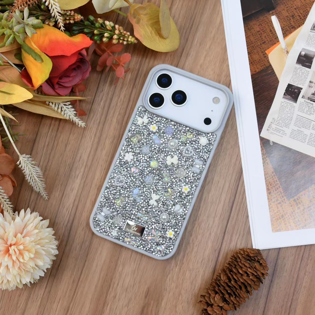 Floral Swarovski Bling World Glitter Case for iPhone 17 Pro Max (Grey)