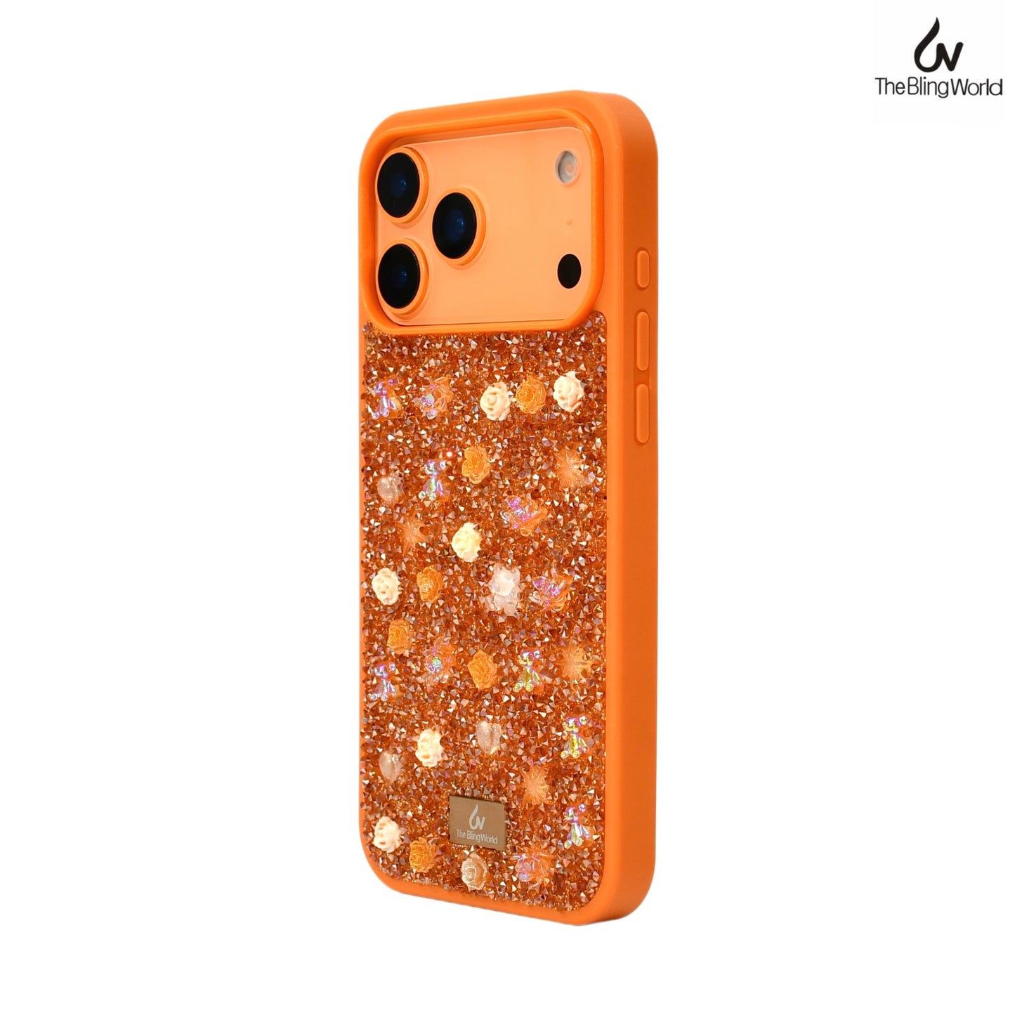 Floral Swarovski Bling World Glitter Case for iPhone 17 Pro Max (Orange)