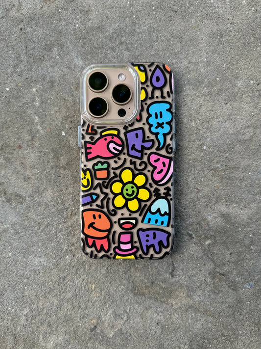 Doodles Colourful Design Transparent Designer Hard PC Anti Yellow Case for iPhone 15