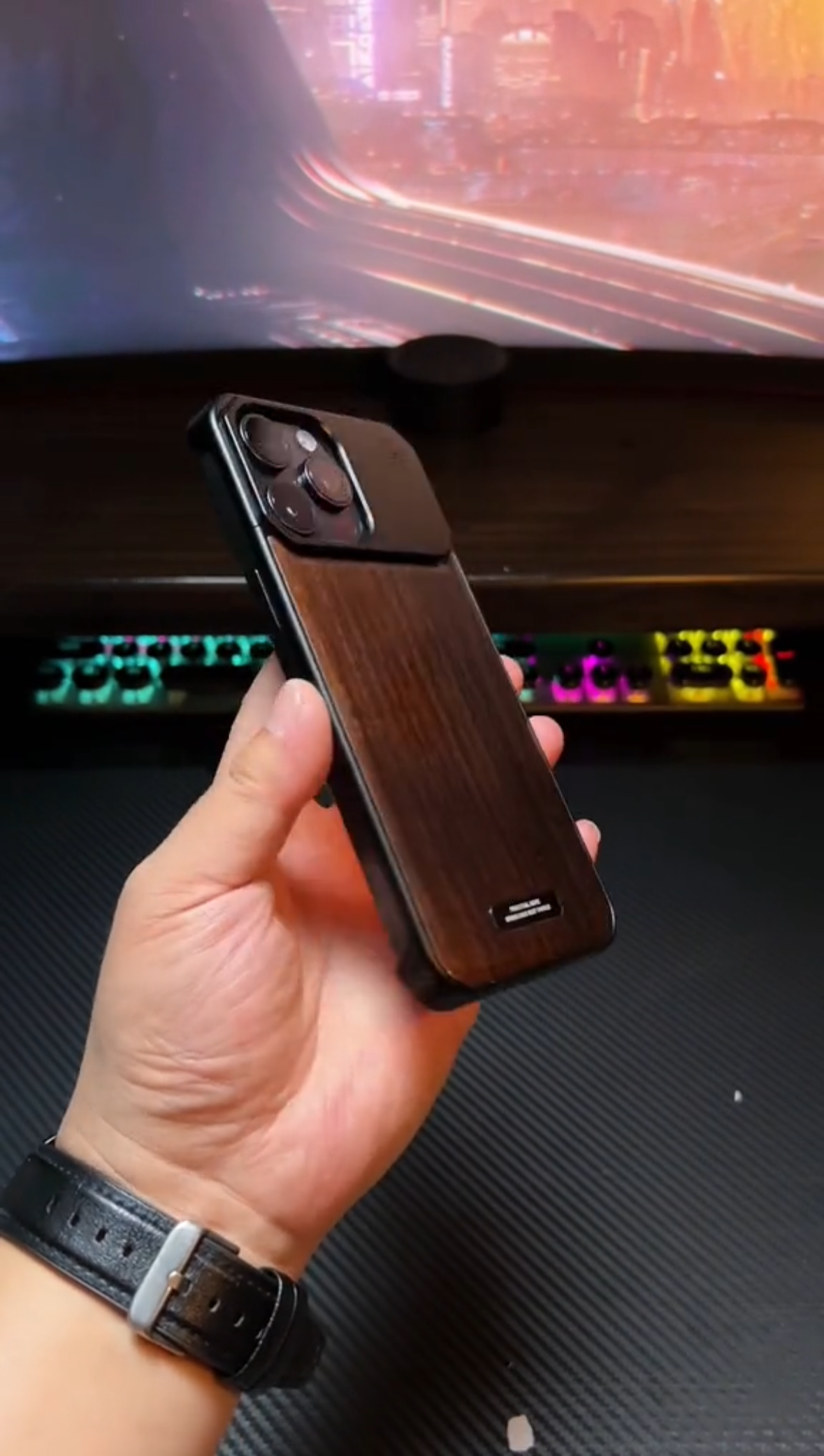 Super Slim Metal Frame Less Perfume Walnut Wood Case with Magsafe for iPhone 16 Pro Max (Black)