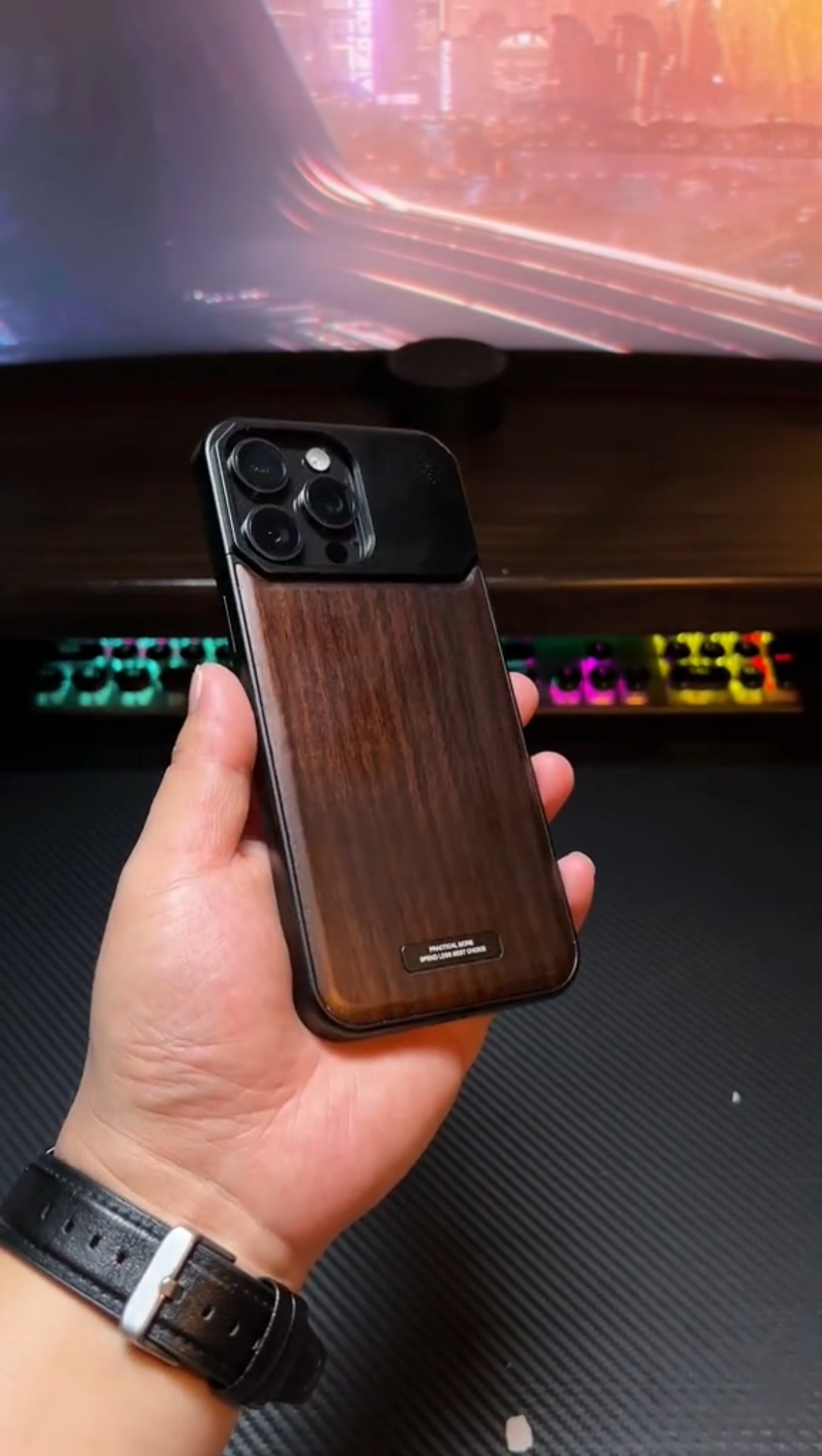 Super Slim Metal Frame Less Perfume Walnut Wood Case with Magsafe for iPhone 16 Pro Max (Black)