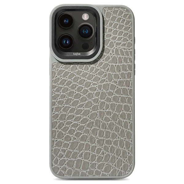 Genuine Leather Kajsa Rock Pattern Back Case for iPhone 15 Pro Max (Grey)