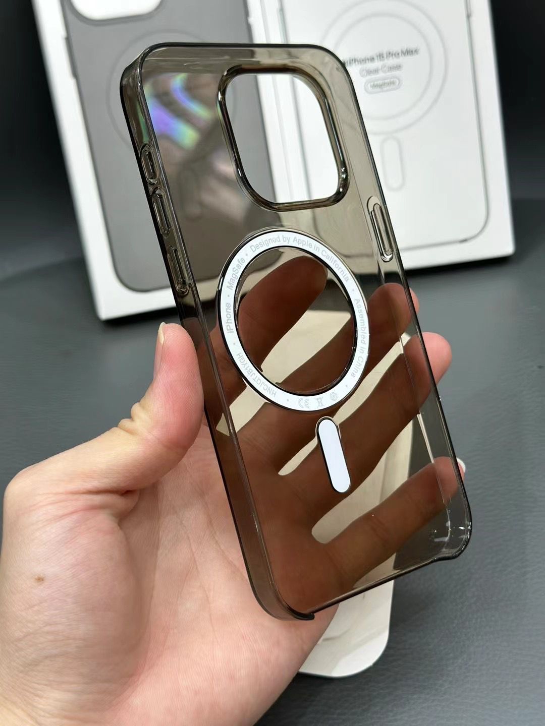 Transparent Smoke Grey Gloss Finish Magsafe Compatible Case with Animation/Notification for iPhone 15 Pro